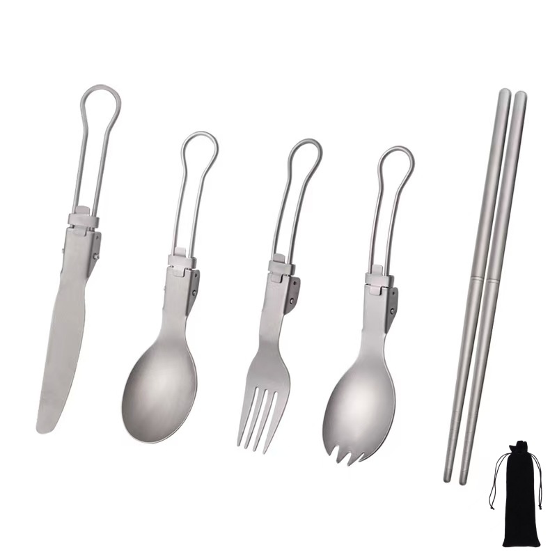 Camping Cooking System - Titanium Foldable Utensil Set with Fork