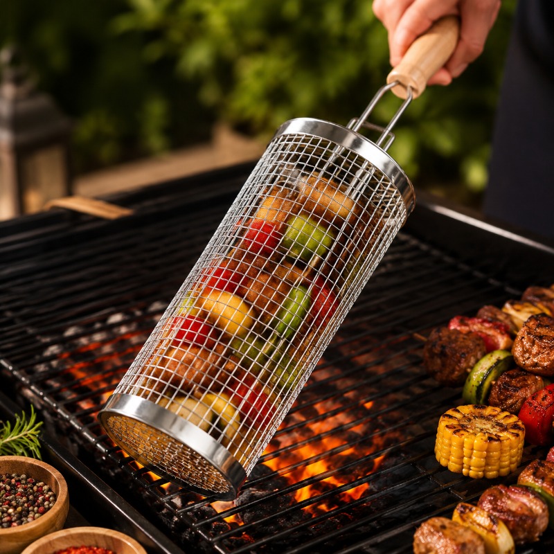 Camping Cooking Utensils Kit - Round Barbecue Grill Basket Set Stainless